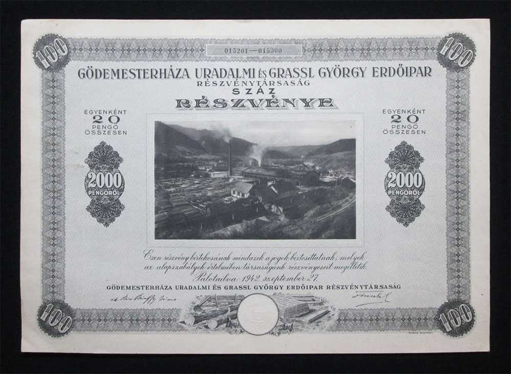 Gödemesterháza Uradalmi és Grassl Erdõipar részvény 1942 (ROU)